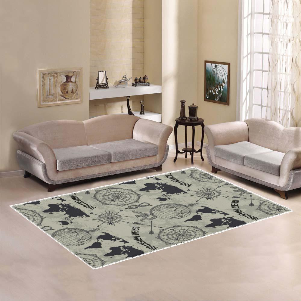 Vintage World Map Compass Area Rug
