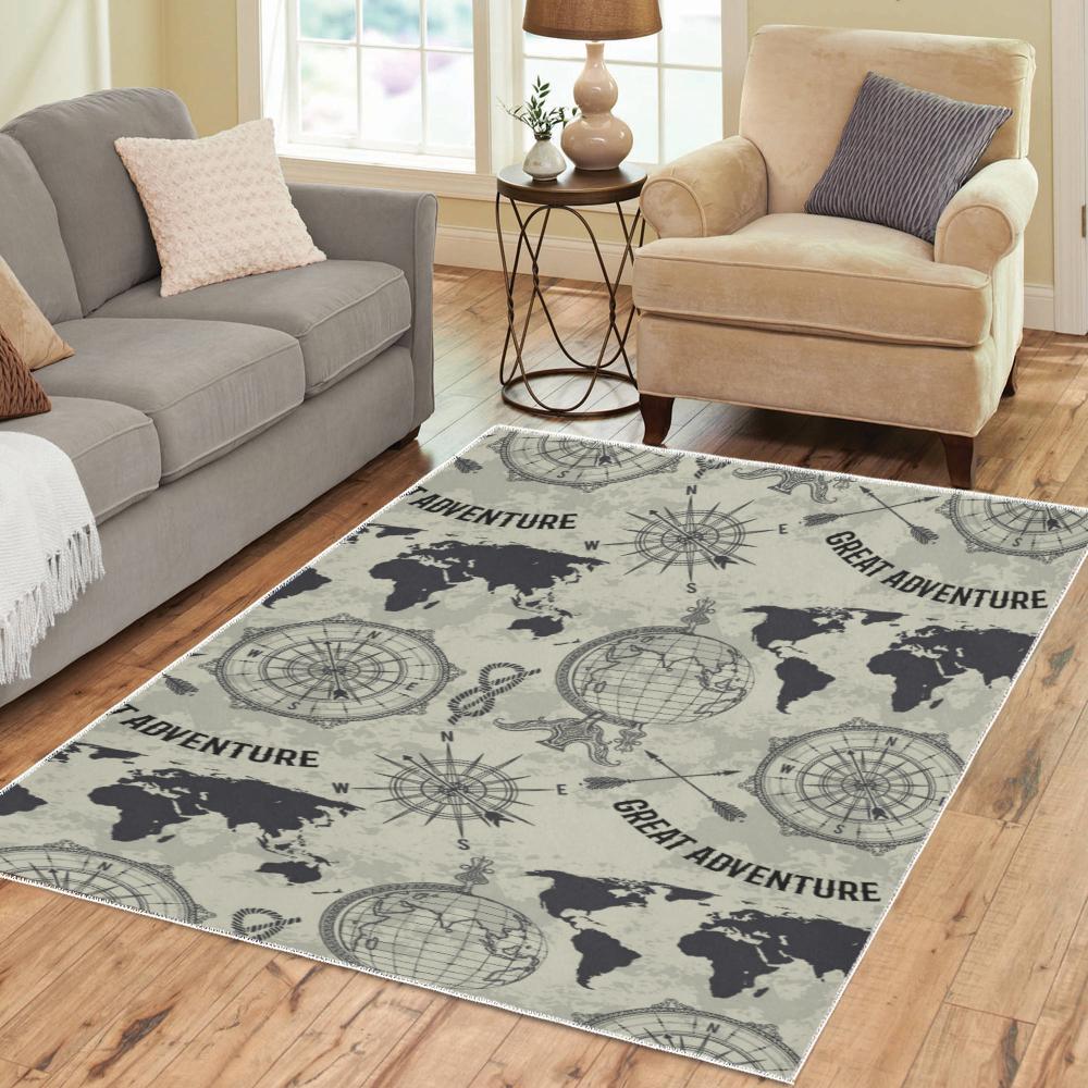 Vintage World Map Compass Area Rug