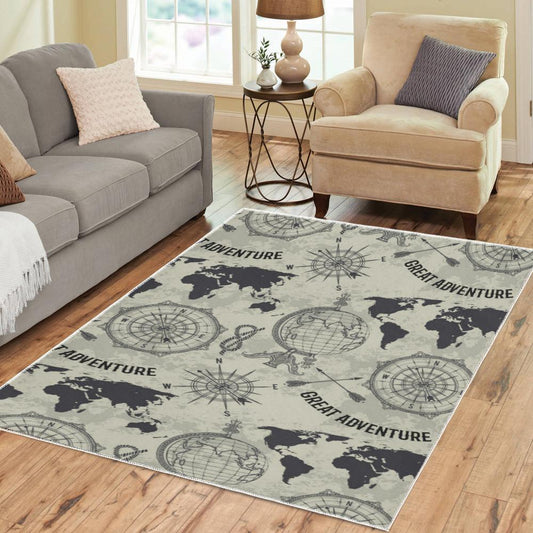 Vintage World Map Compass Area Rug