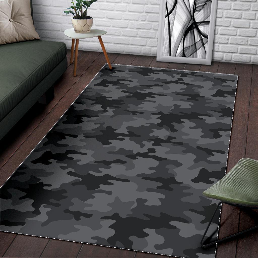 Black And Grey Camouflage Print Area Rug