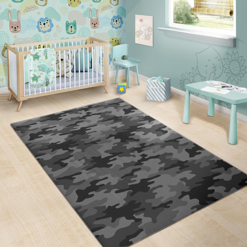 Black And Grey Camouflage Print Area Rug