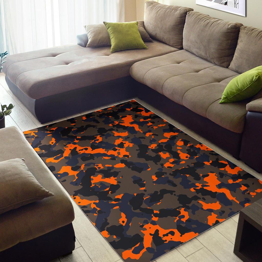 Black And Orange Camouflage Print Area Rug