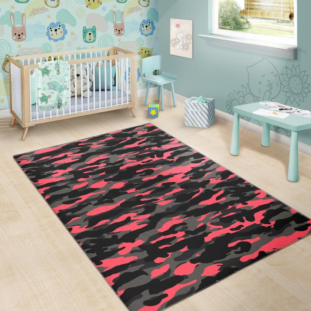 Black And Pink Camouflage Print Area Rug