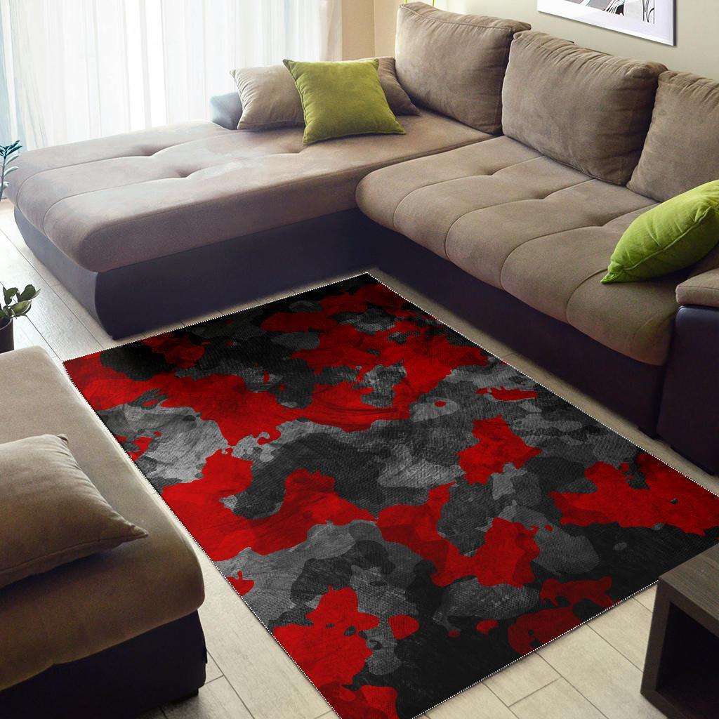 Black And Red Camouflage Print Area Rug
