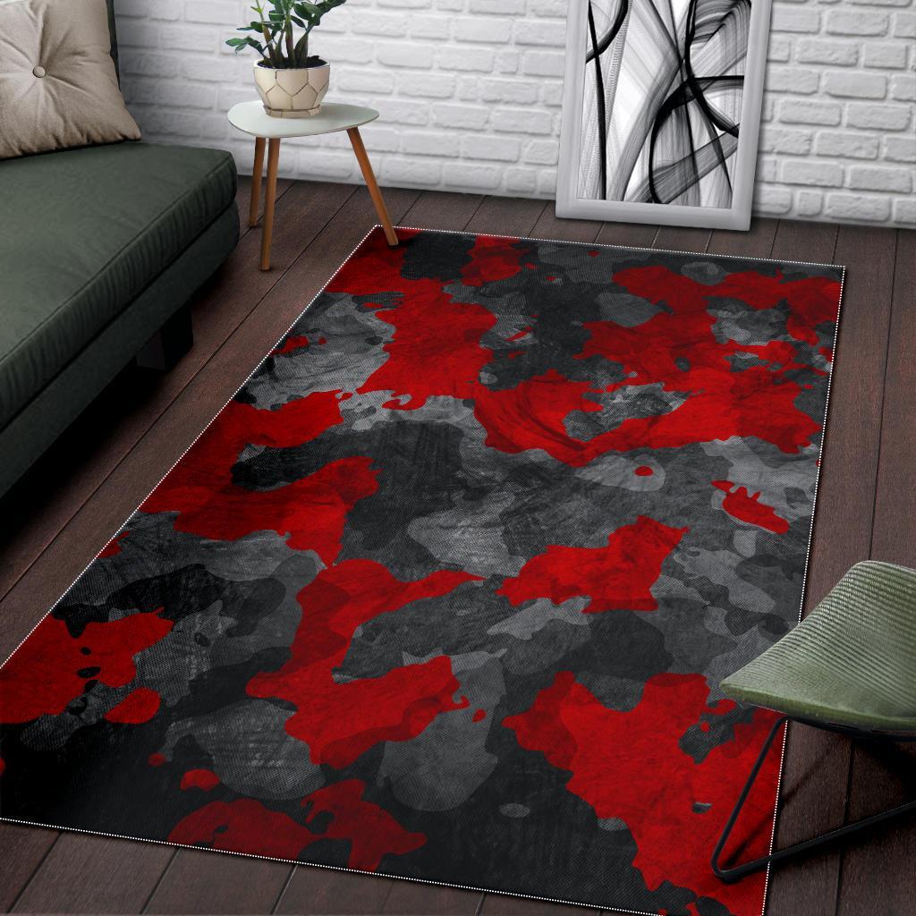 Black And Red Camouflage Print Area Rug