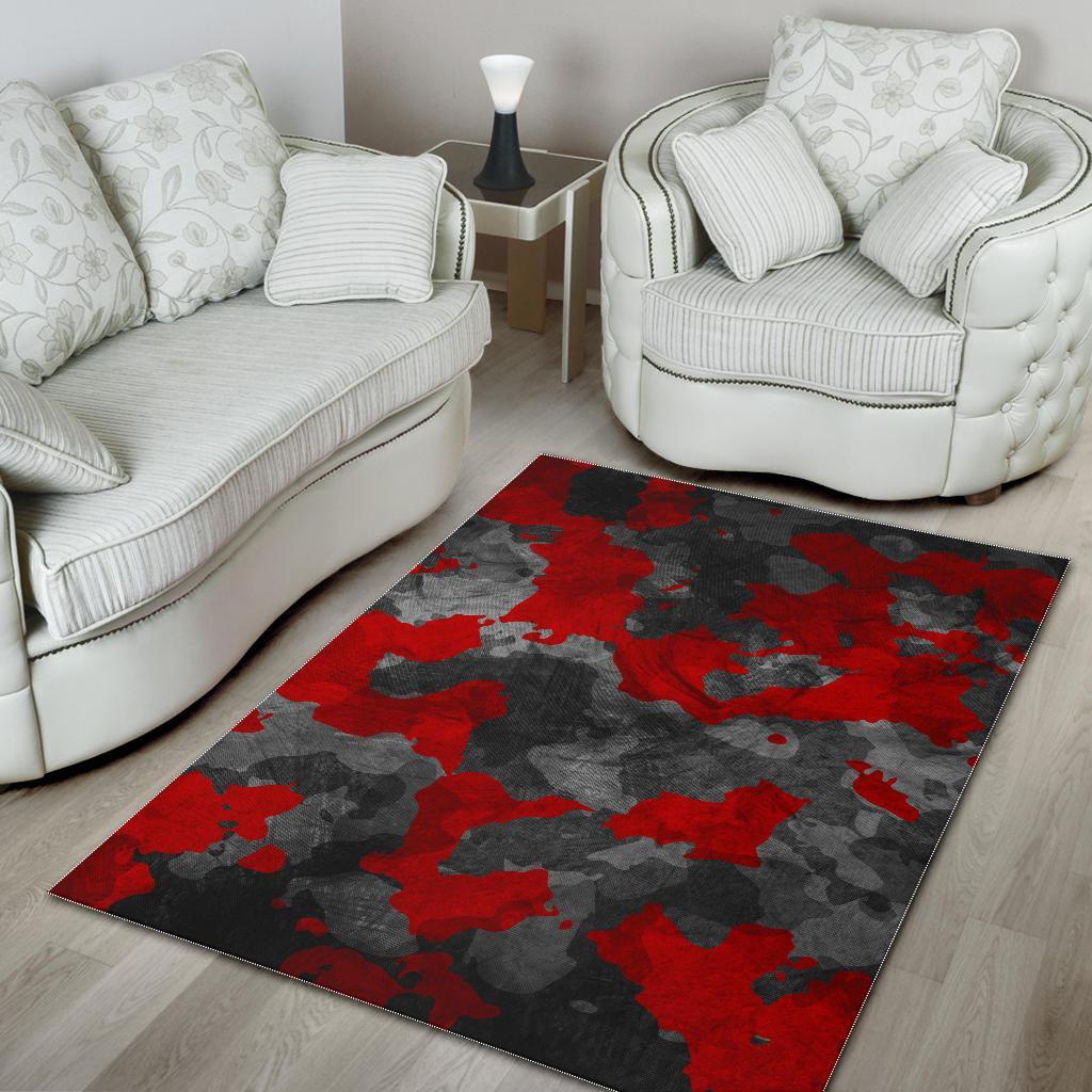 Black And Red Camouflage Print Area Rug