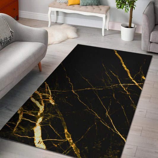 Black Gold Scratch Marble Print Area Rug