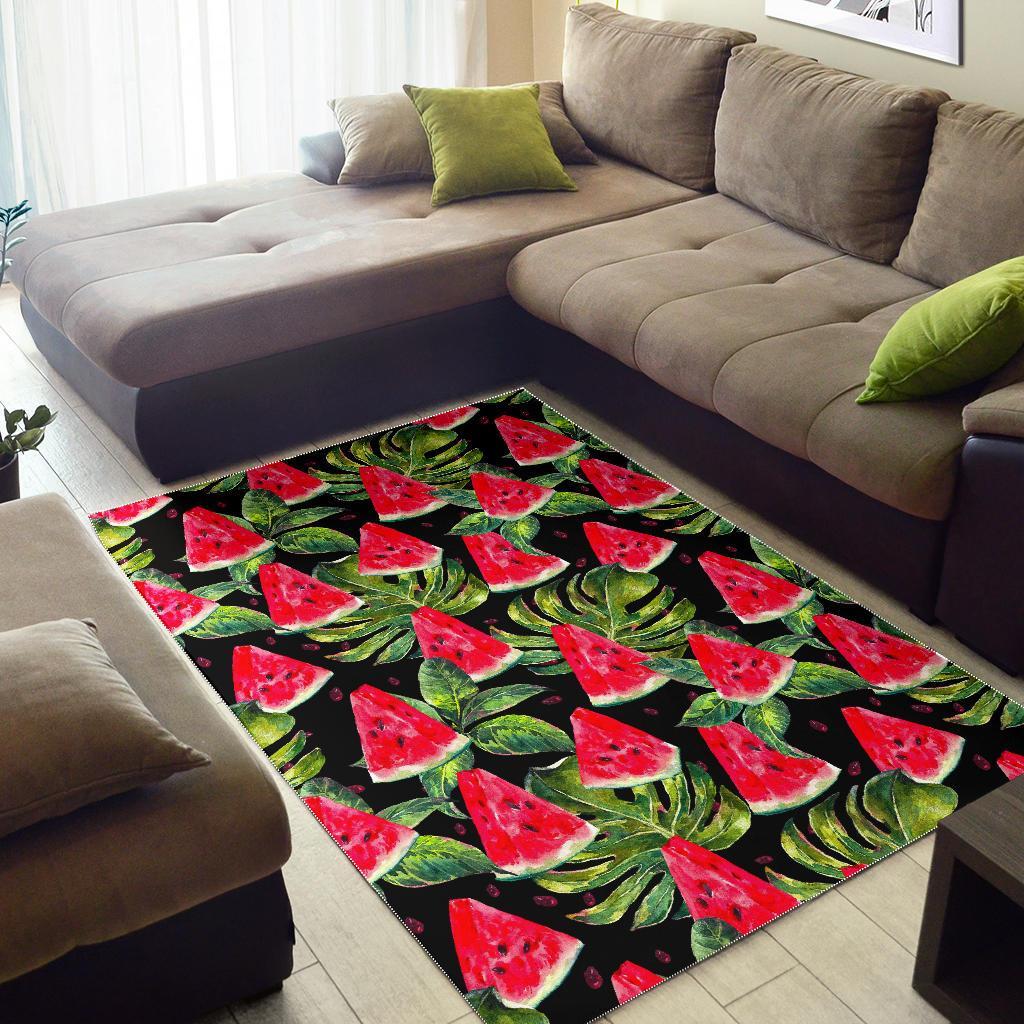 Black Palm Leaf Watermelon Pattern Print Area Rug