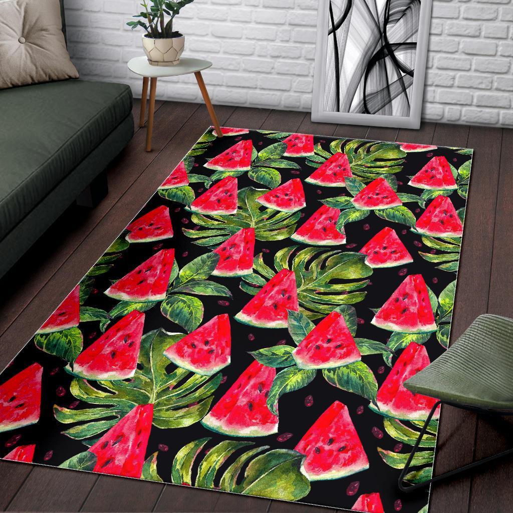 Black Palm Leaf Watermelon Pattern Print Area Rug