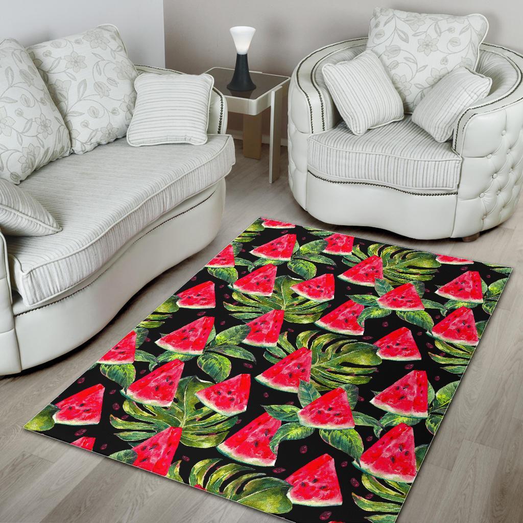 Black Palm Leaf Watermelon Pattern Print Area Rug