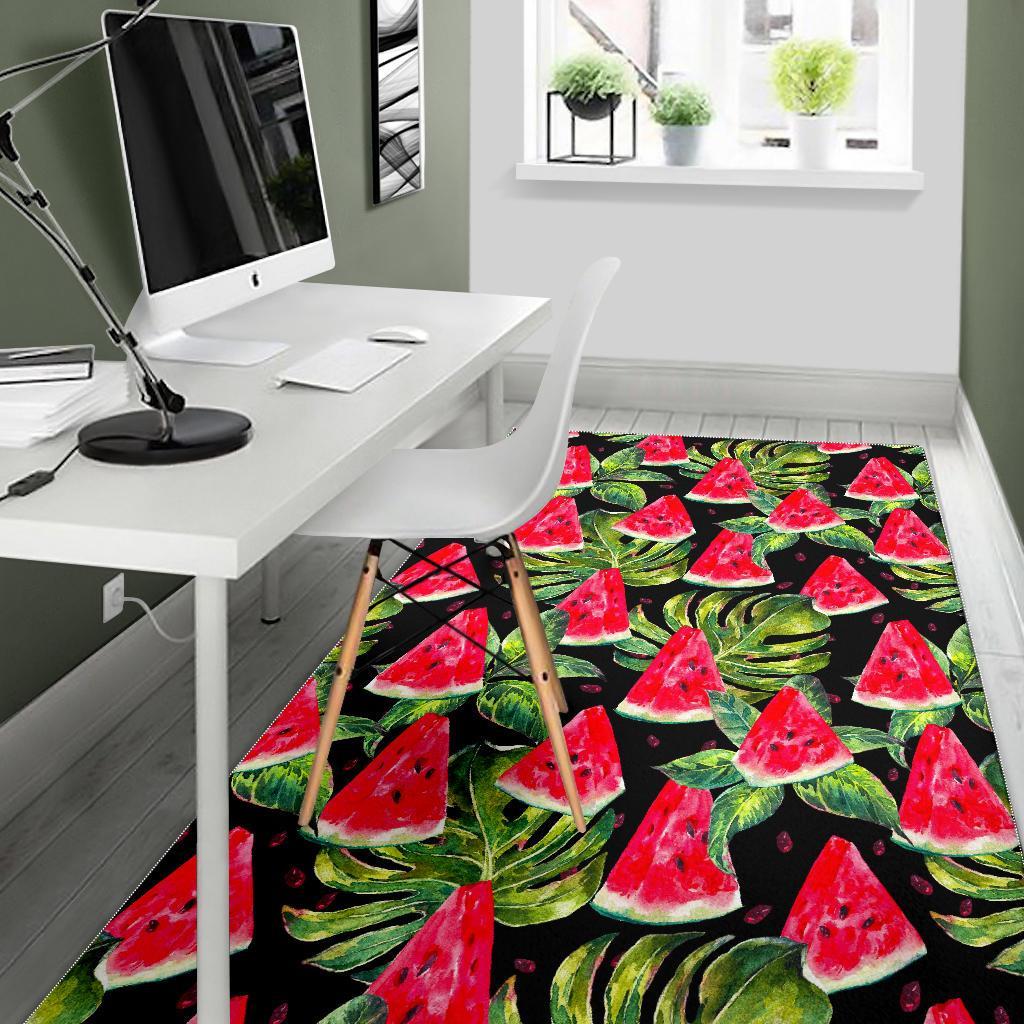 Black Palm Leaf Watermelon Pattern Print Area Rug