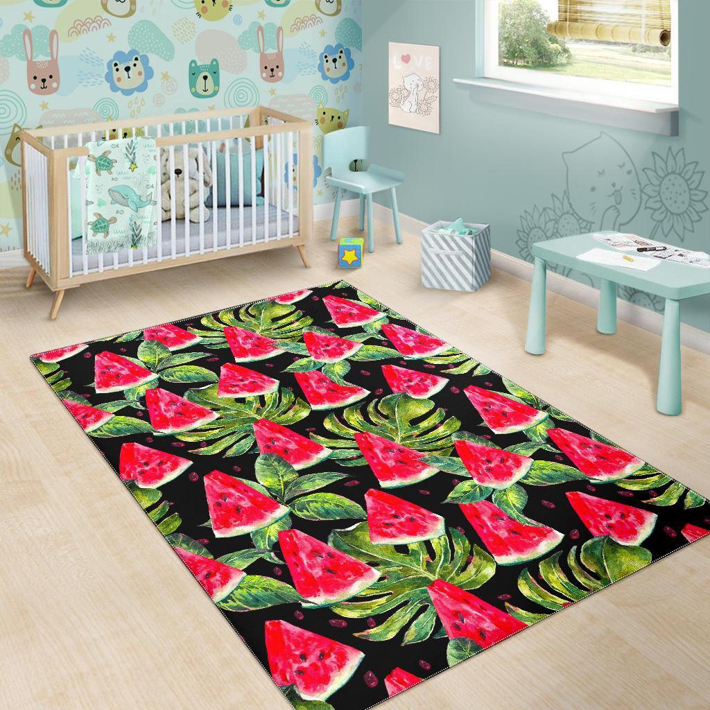 Black Palm Leaf Watermelon Pattern Print Area Rug