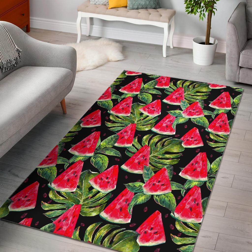 Black Palm Leaf Watermelon Pattern Print Area Rug