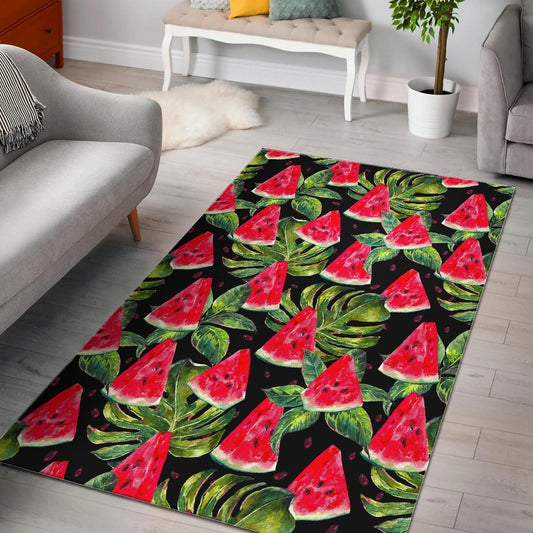 Black Palm Leaf Watermelon Pattern Print Area Rug