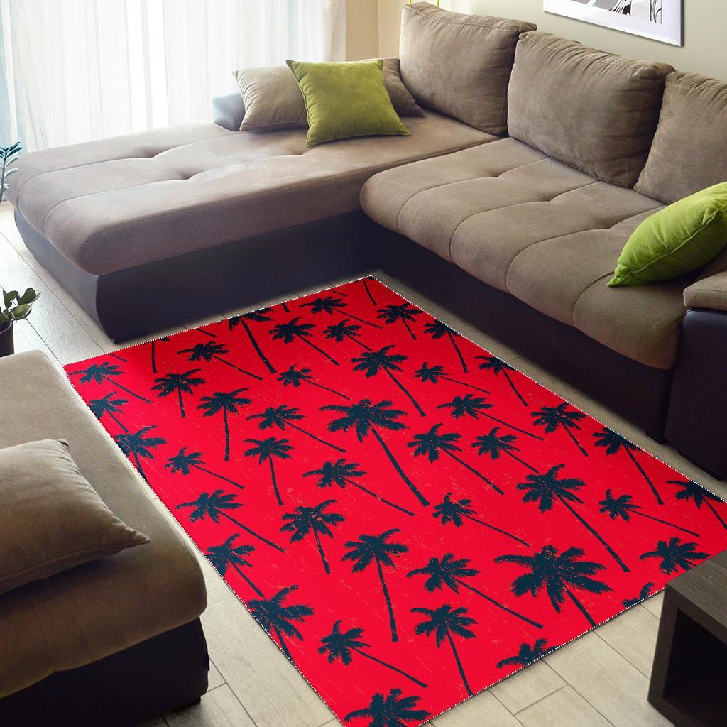Black Red Palm Tree Pattern Print Area Rug