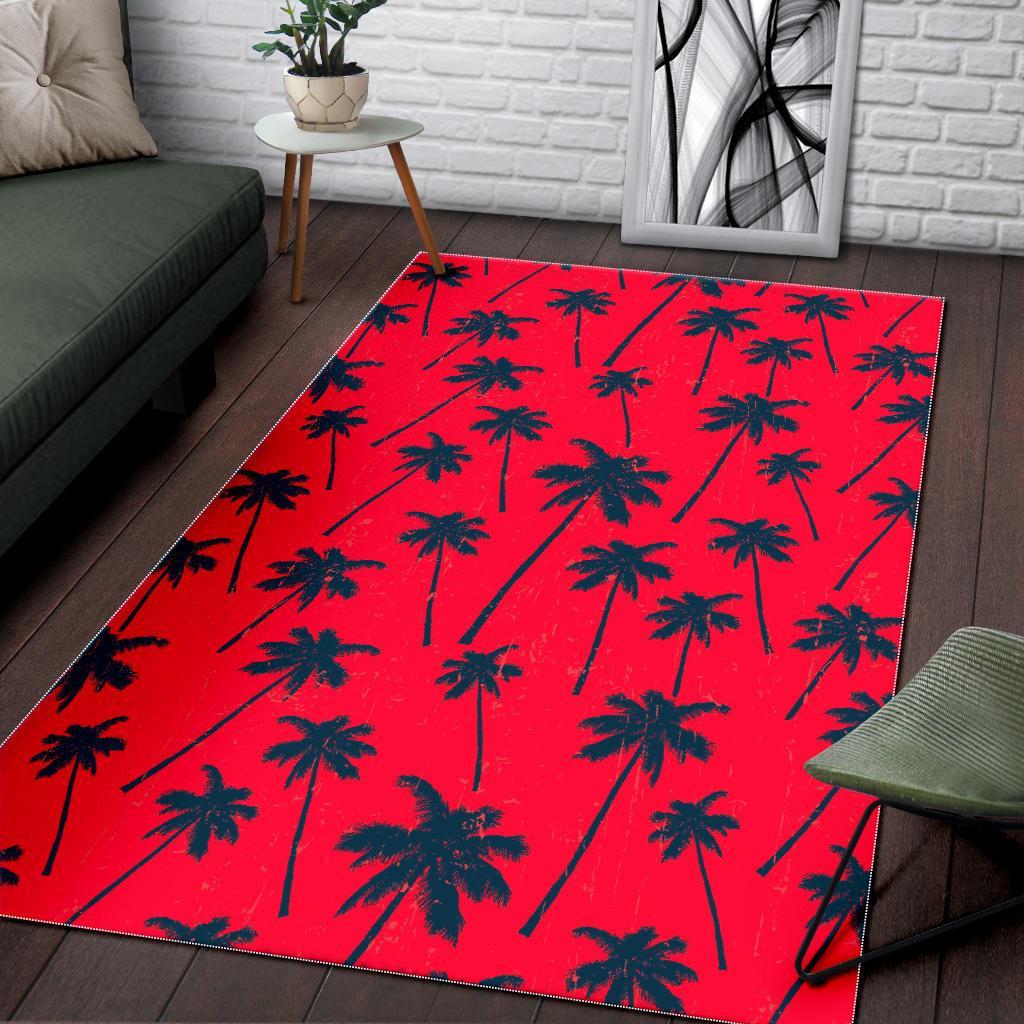 Black Red Palm Tree Pattern Print Area Rug