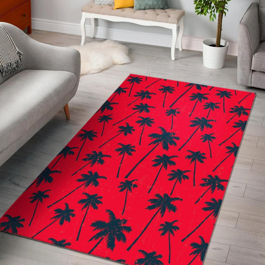 Black Red Palm Tree Pattern Print Area Rug