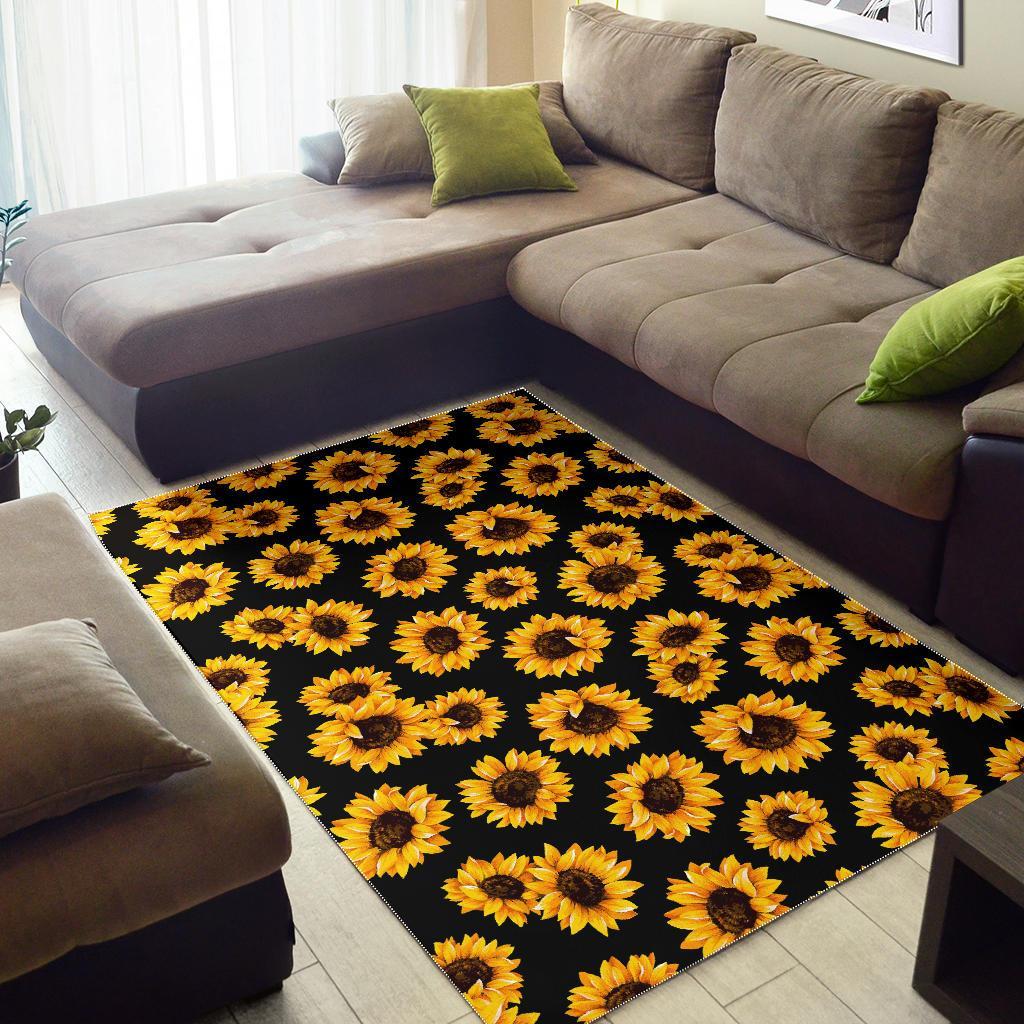 Black Sunflower Pattern Print Area Rug
