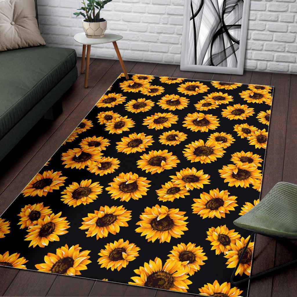 Black Sunflower Pattern Print Area Rug