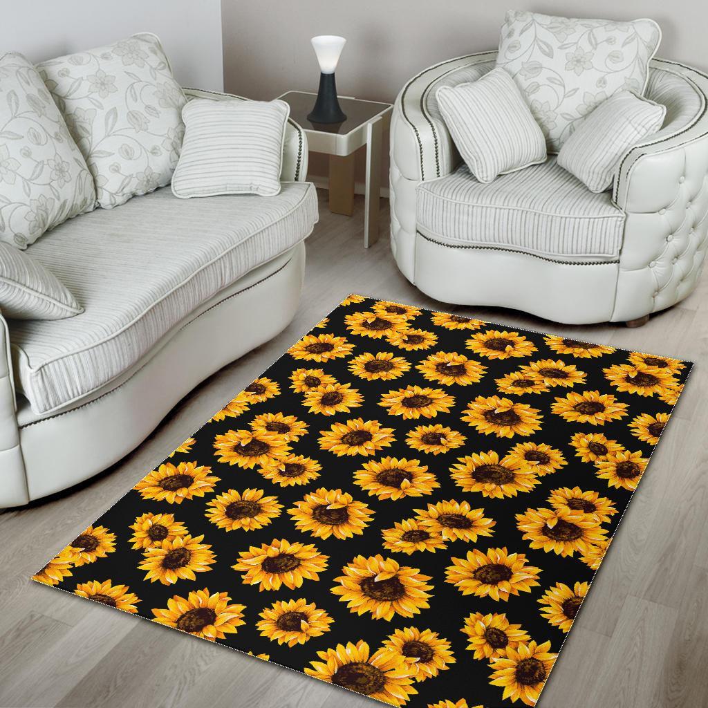 Black Sunflower Pattern Print Area Rug