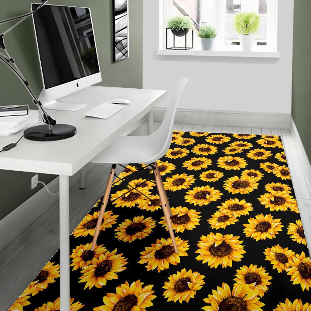 Black Sunflower Pattern Print Area Rug