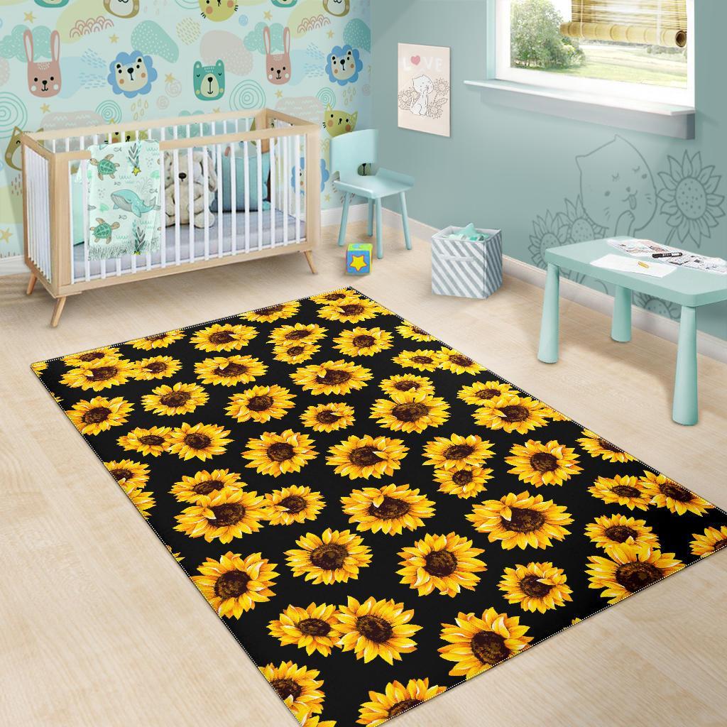 Black Sunflower Pattern Print Area Rug