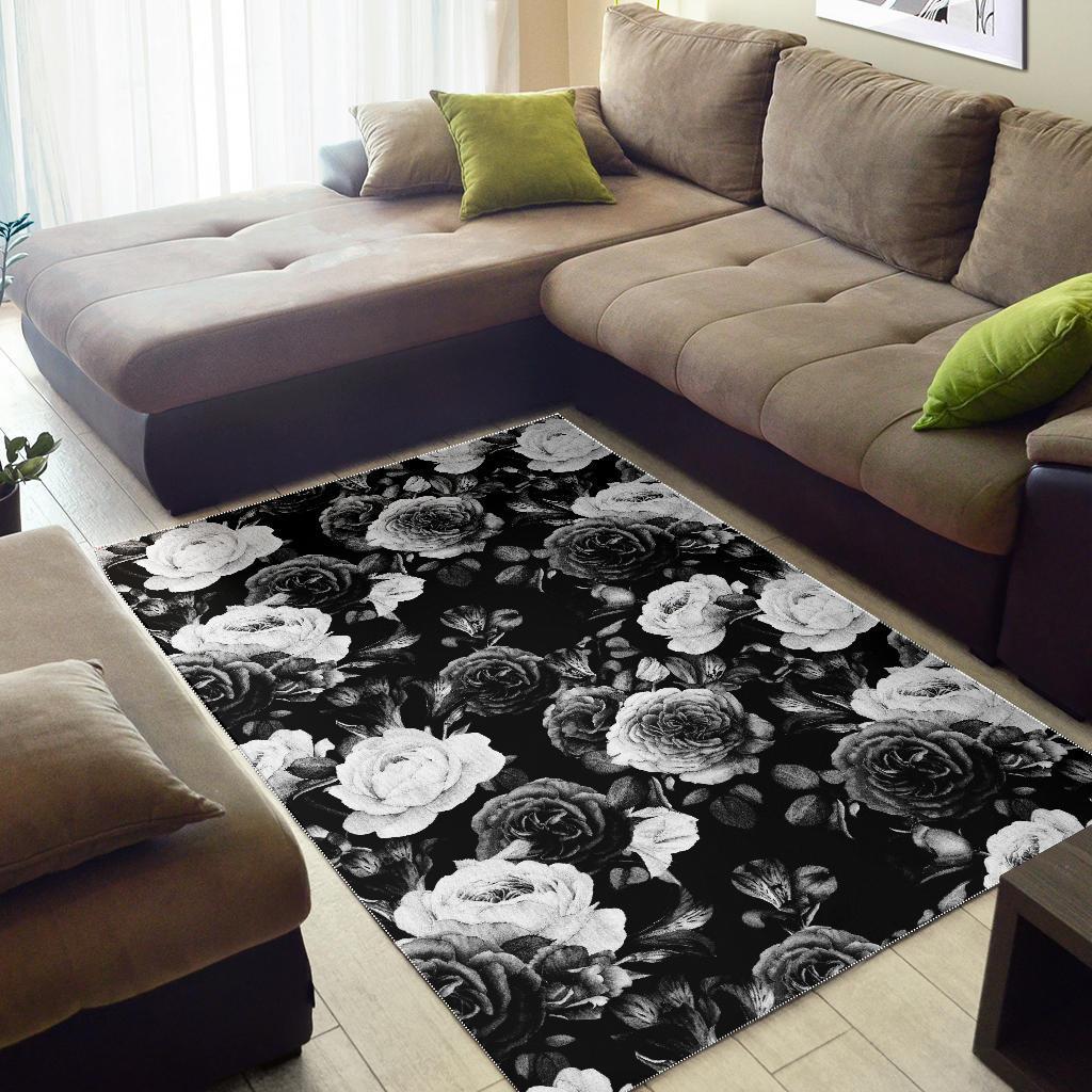 Black White Rose Floral Pattern Print Area Rug