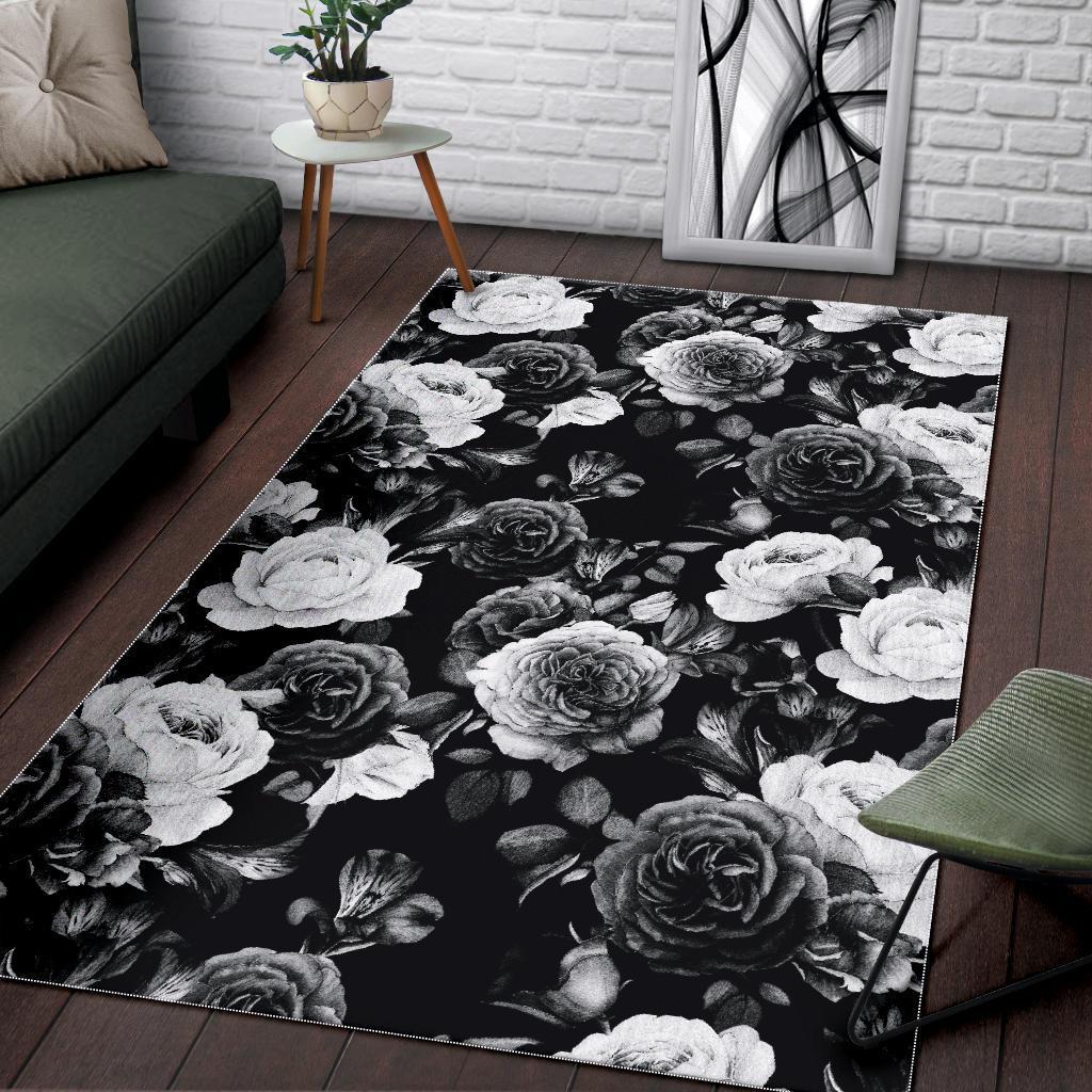 Black White Rose Floral Pattern Print Area Rug