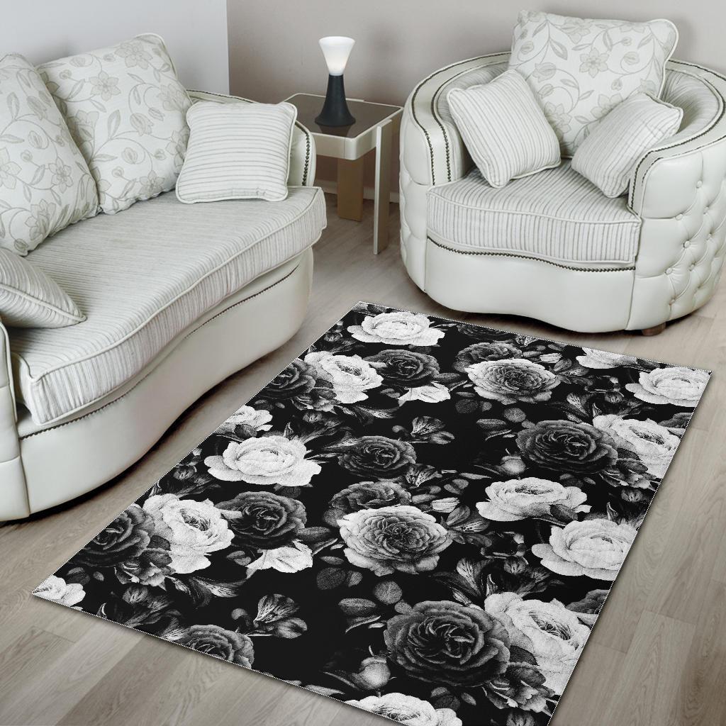 Black White Rose Floral Pattern Print Area Rug