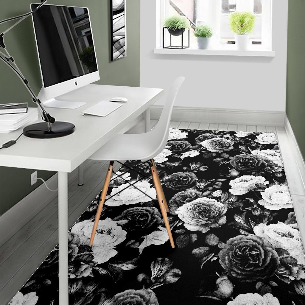 Black White Rose Floral Pattern Print Area Rug