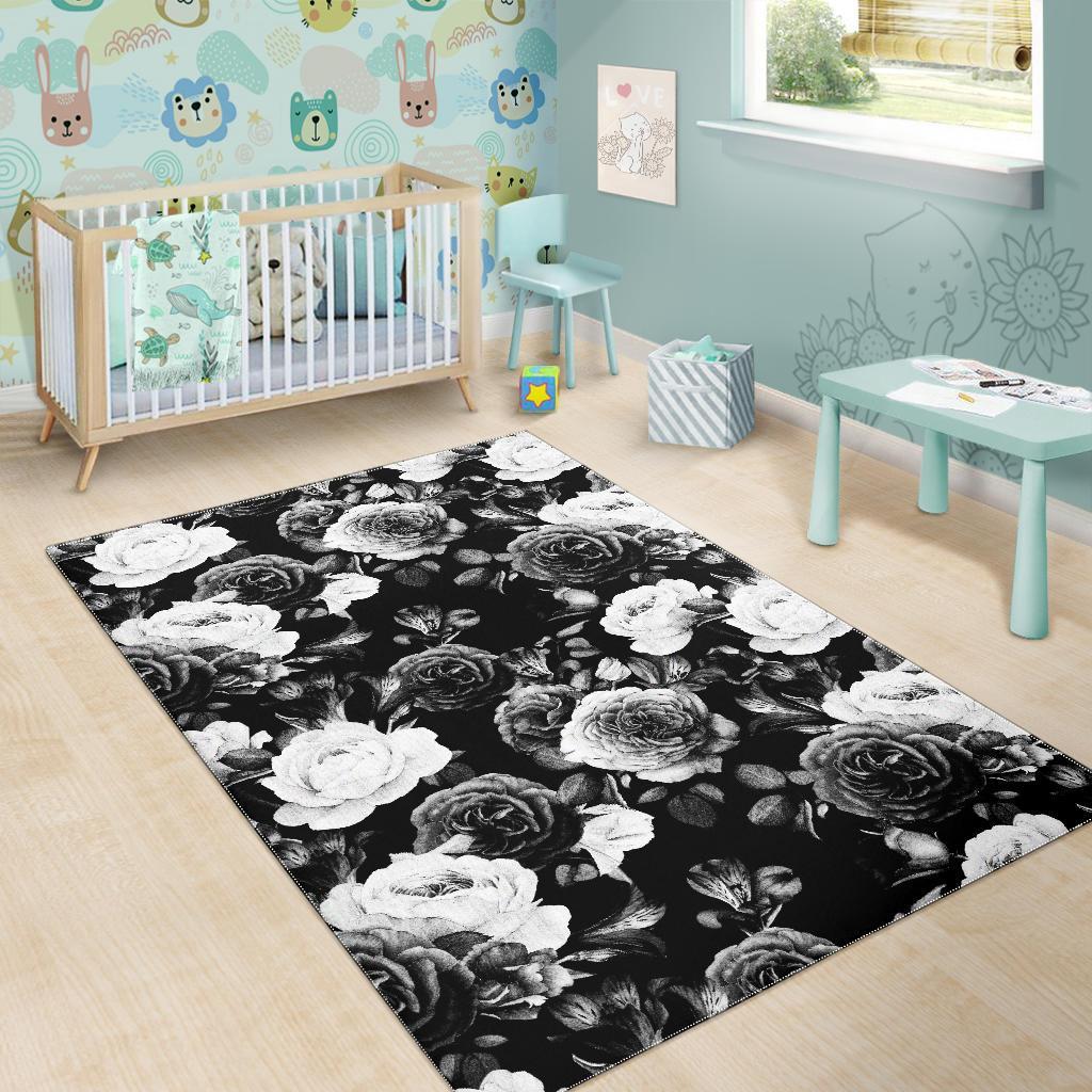 Black White Rose Floral Pattern Print Area Rug