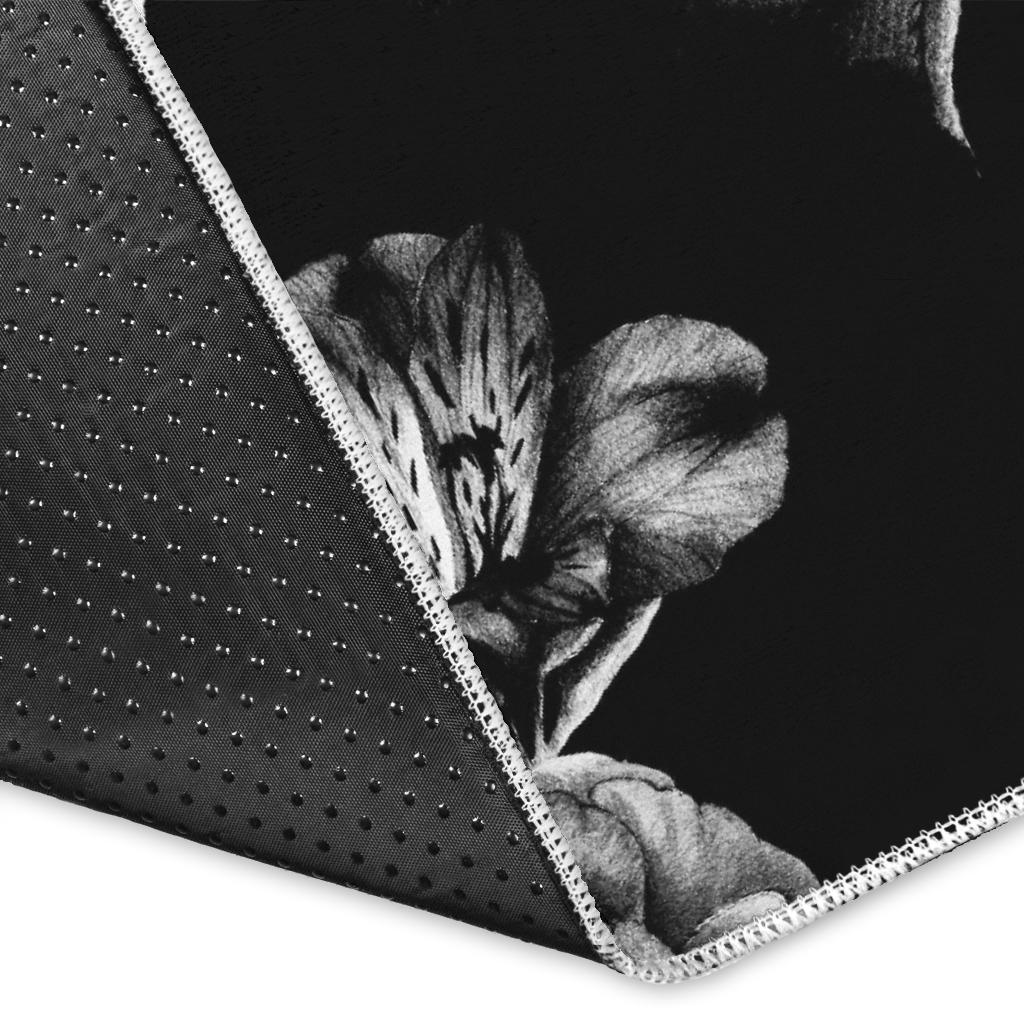Black White Rose Floral Pattern Print Area Rug