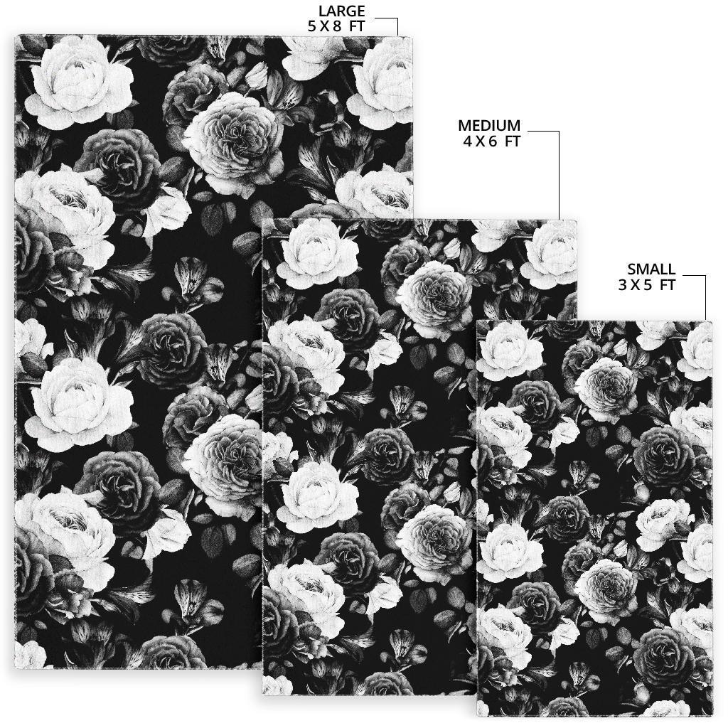 Black White Rose Floral Pattern Print Area Rug