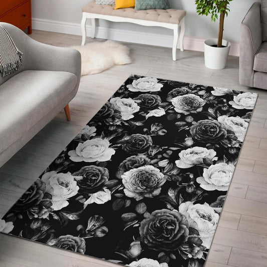 Black White Rose Floral Pattern Print Area Rug