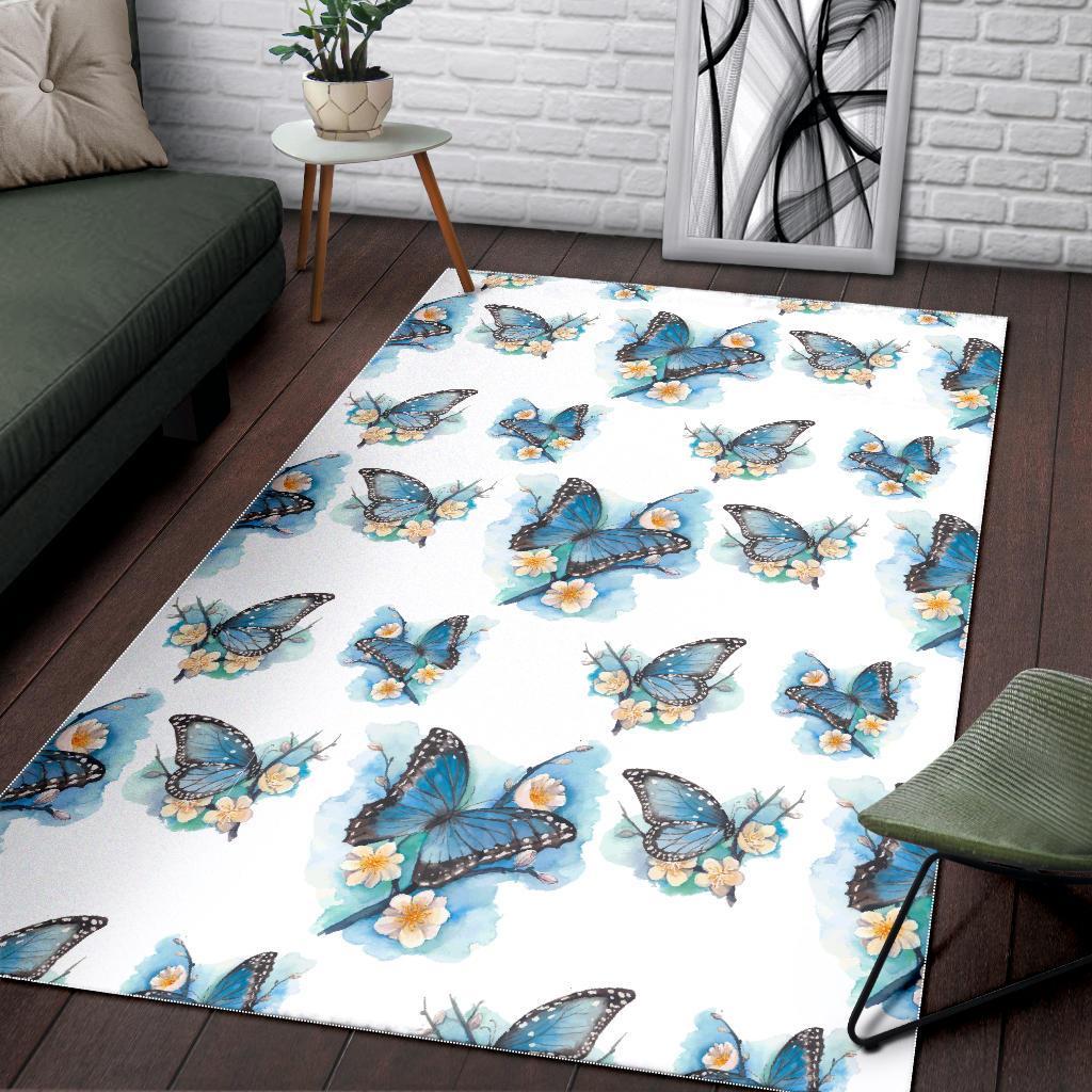 Blossom Blue Butterfly Pattern Print Area Rug