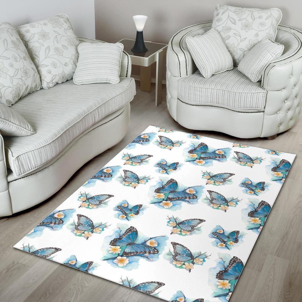 Blossom Blue Butterfly Pattern Print Area Rug