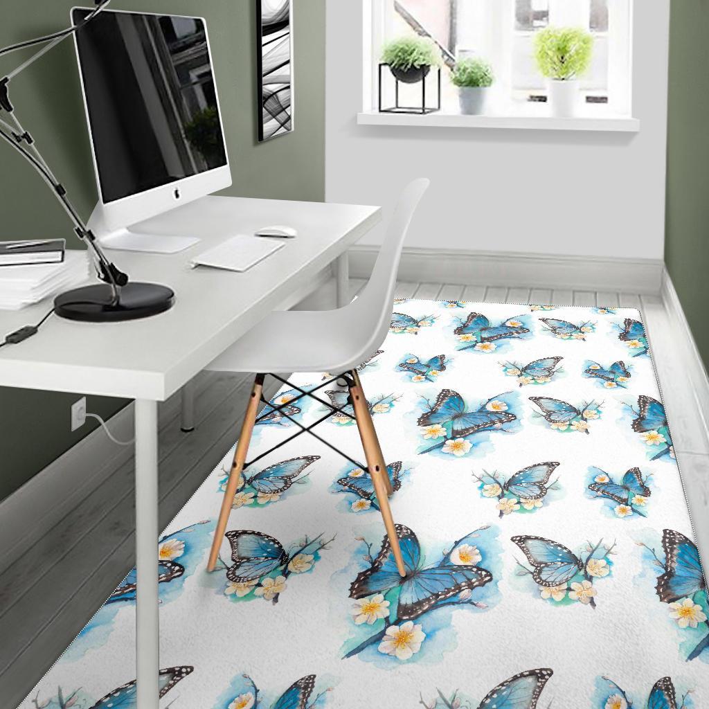 Blossom Blue Butterfly Pattern Print Area Rug