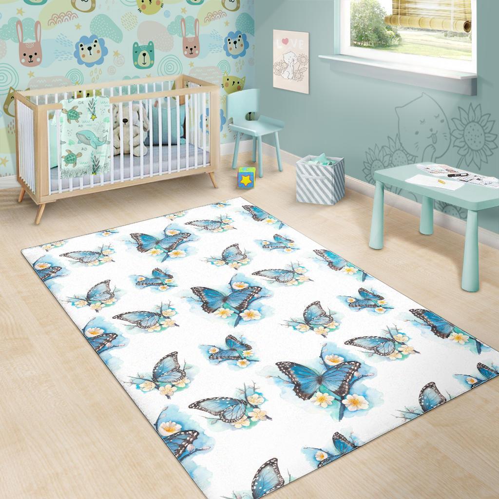 Blossom Blue Butterfly Pattern Print Area Rug