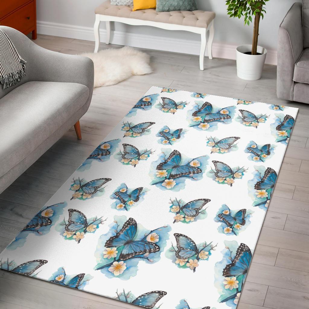 Blossom Blue Butterfly Pattern Print Area Rug