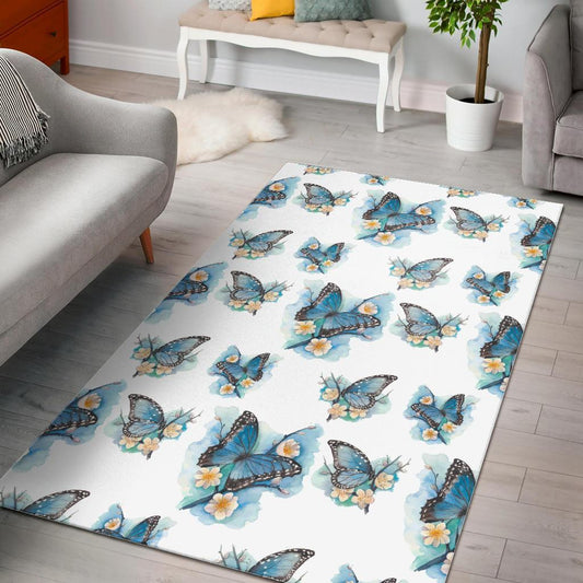 Blossom Blue Butterfly Pattern Print Area Rug
