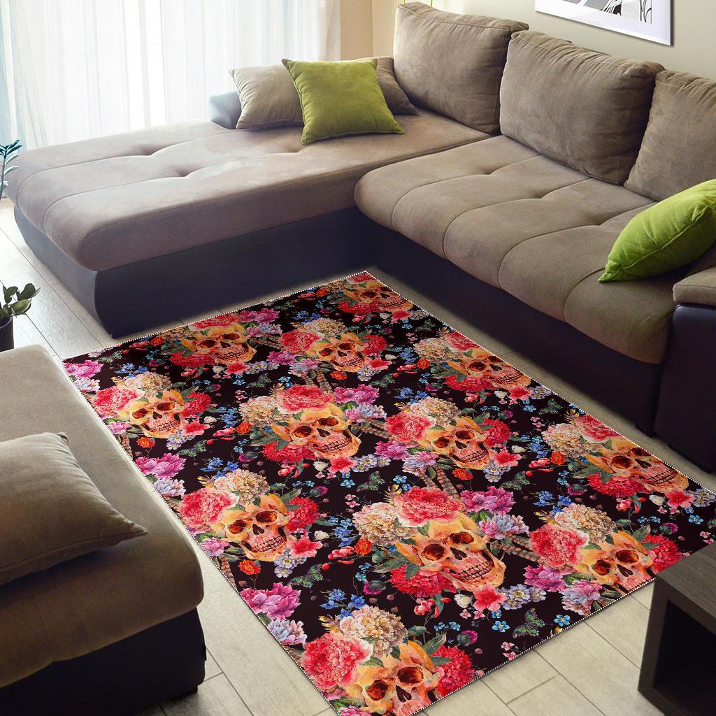 Blossom Peony Skull Pattern Print Area Rug