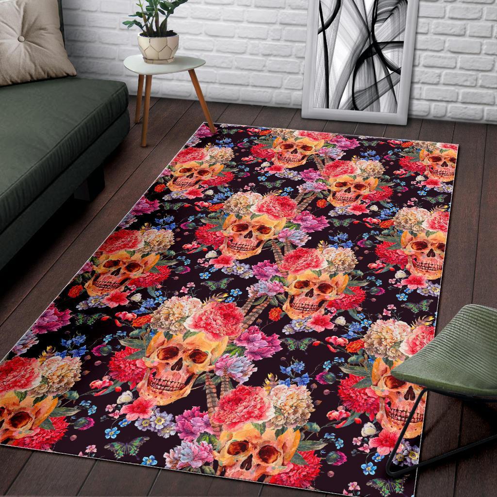Blossom Peony Skull Pattern Print Area Rug