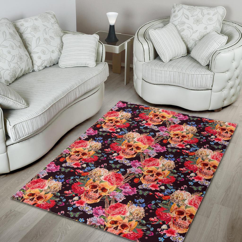 Blossom Peony Skull Pattern Print Area Rug