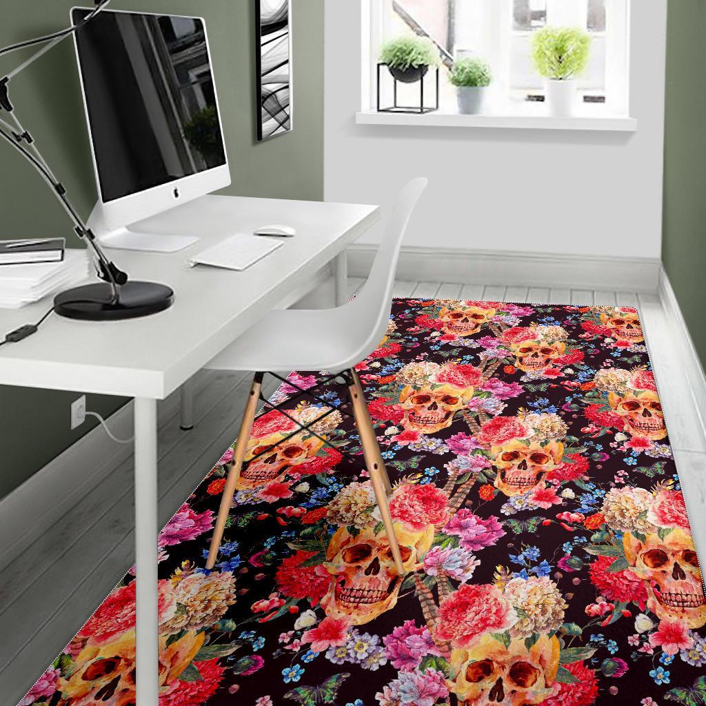 Blossom Peony Skull Pattern Print Area Rug