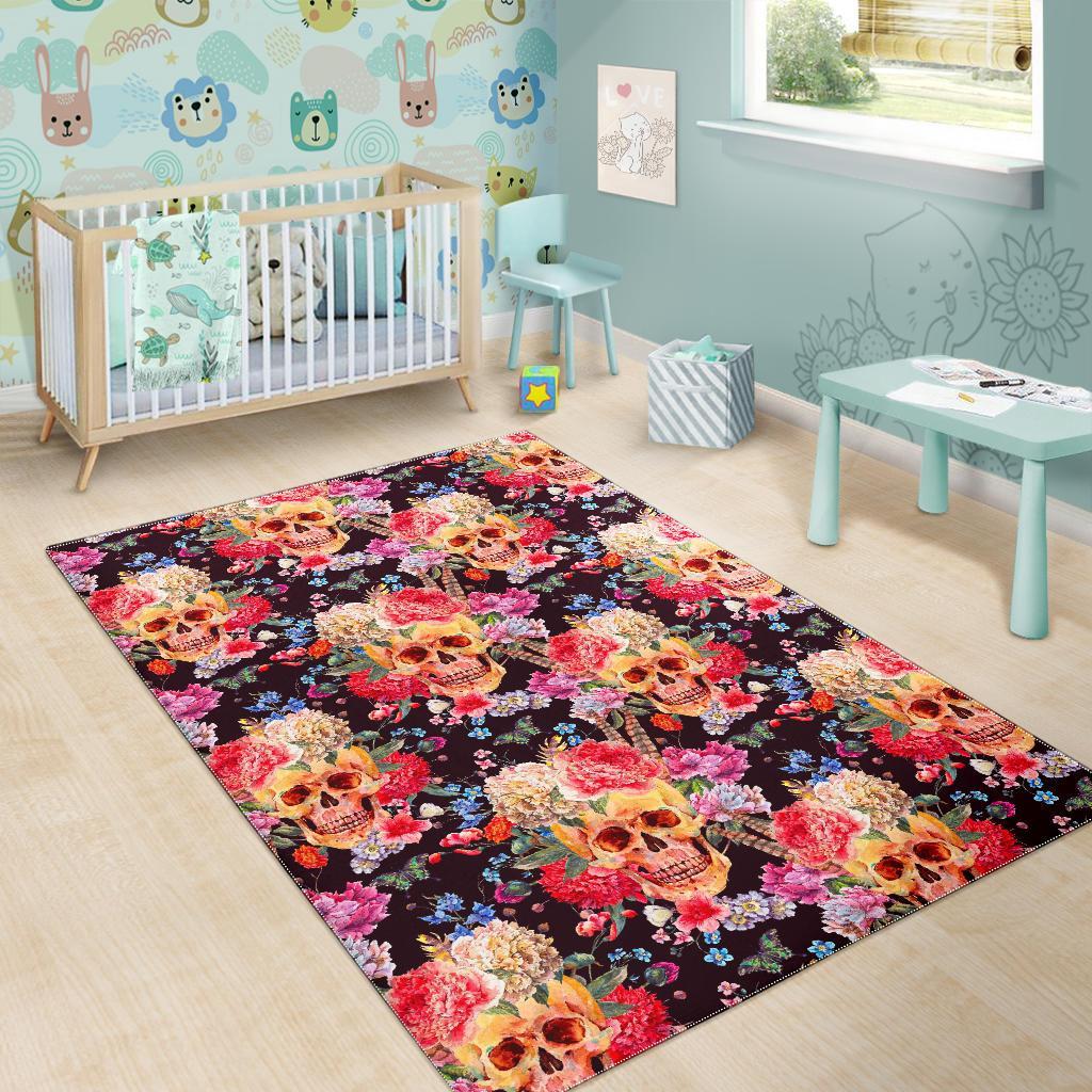 Blossom Peony Skull Pattern Print Area Rug