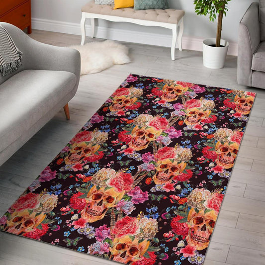 Blossom Peony Skull Pattern Print Area Rug