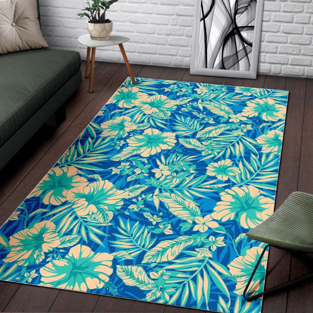 Blue Blossom Tropical Pattern Print Area Rug