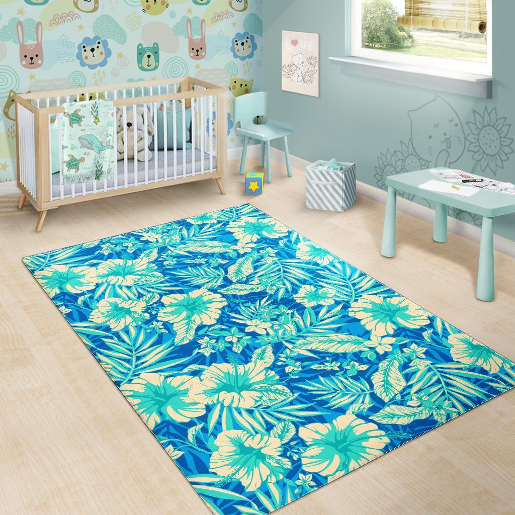 Blue Blossom Tropical Pattern Print Area Rug
