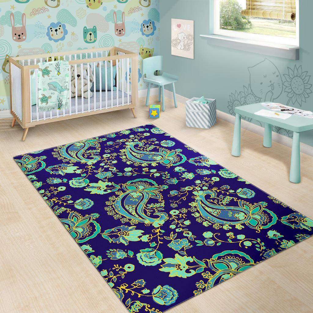 Blue Bohemian Paisley Pattern Print Area Rug