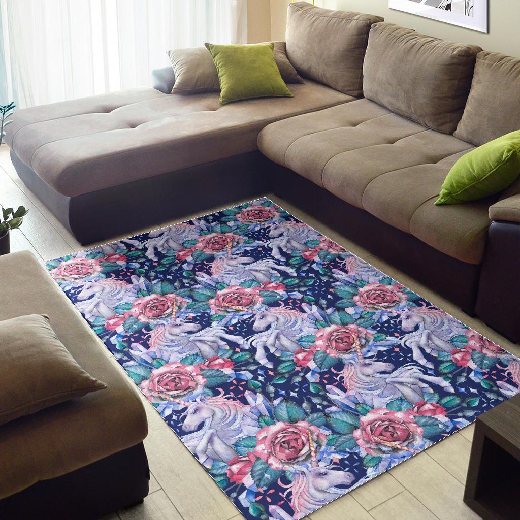 Blue Fairy Rose Unicorn Pattern Print Area Rug